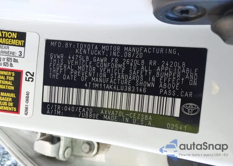 2020 Toyota Camry Se из США, поврежденный, VIN 4T1M11AK4LU383146